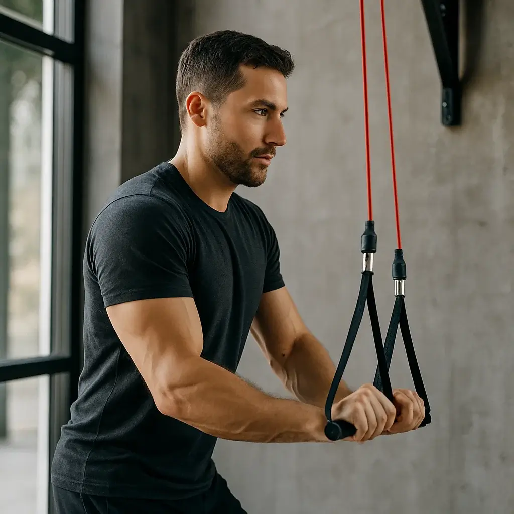 Homme effectuant des exercices de triceps avec des élastiques en extérieur.