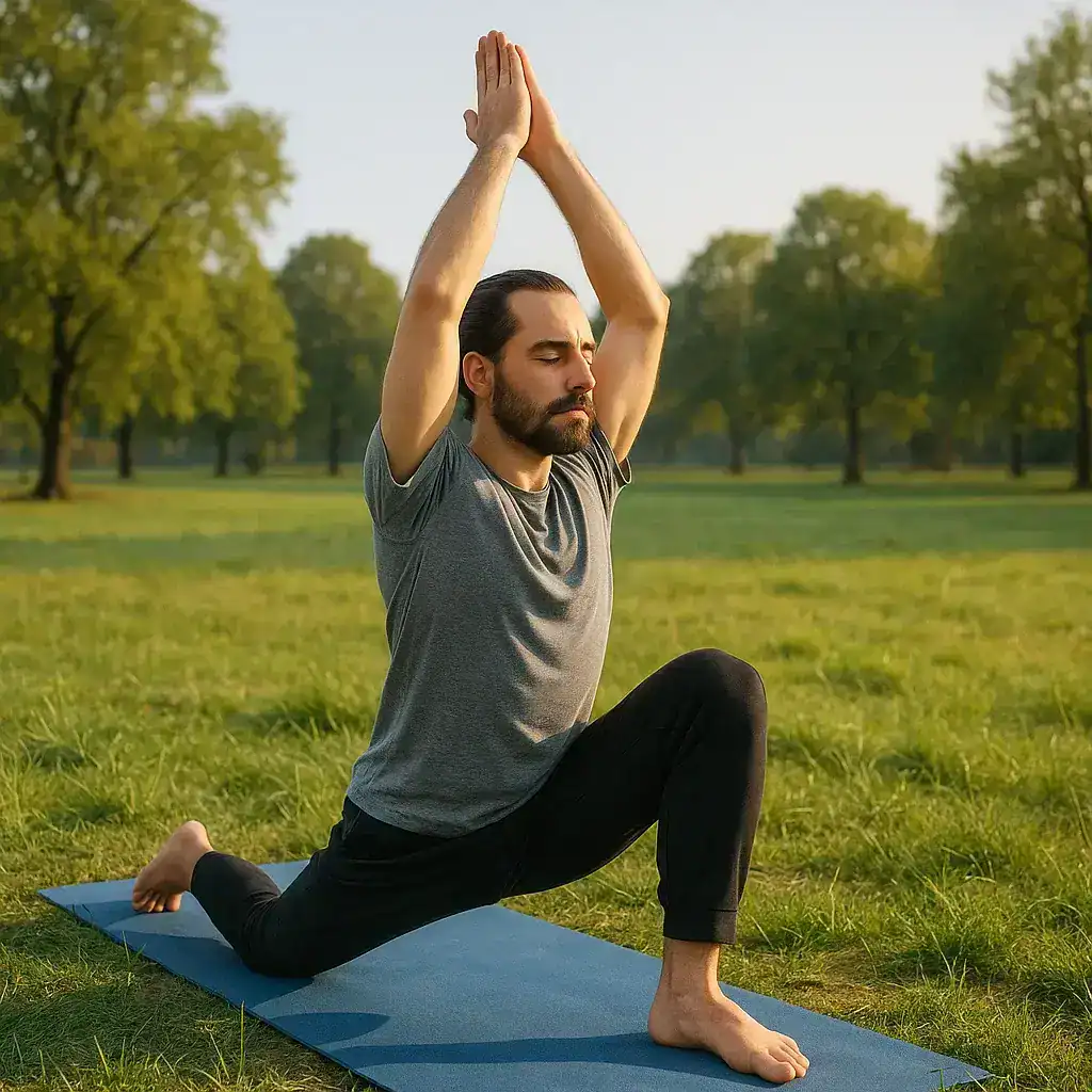 Homme pratiquant une posture de yoga en plein air pour améliorer sa santé mentale et réduire le stress.