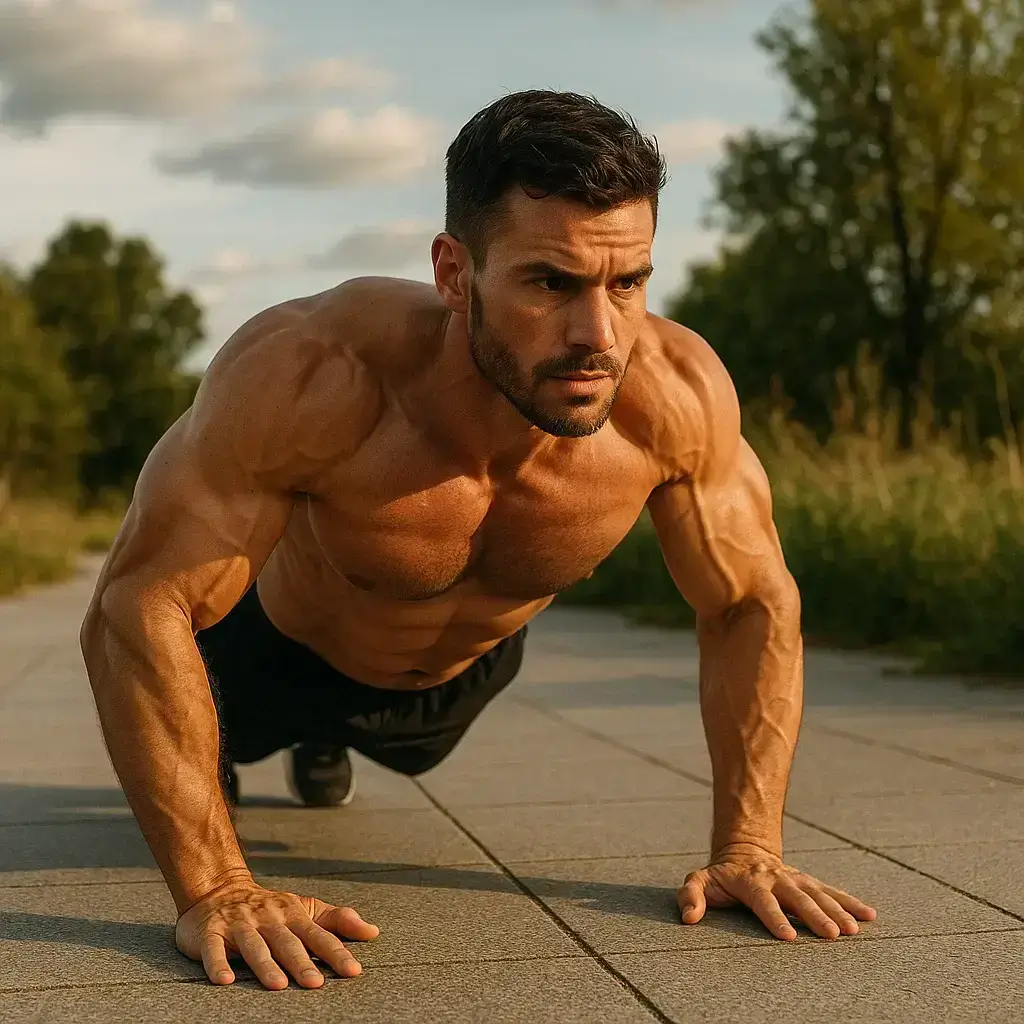 Homme faisant un entrainement pompes intense dans un parc en plein air