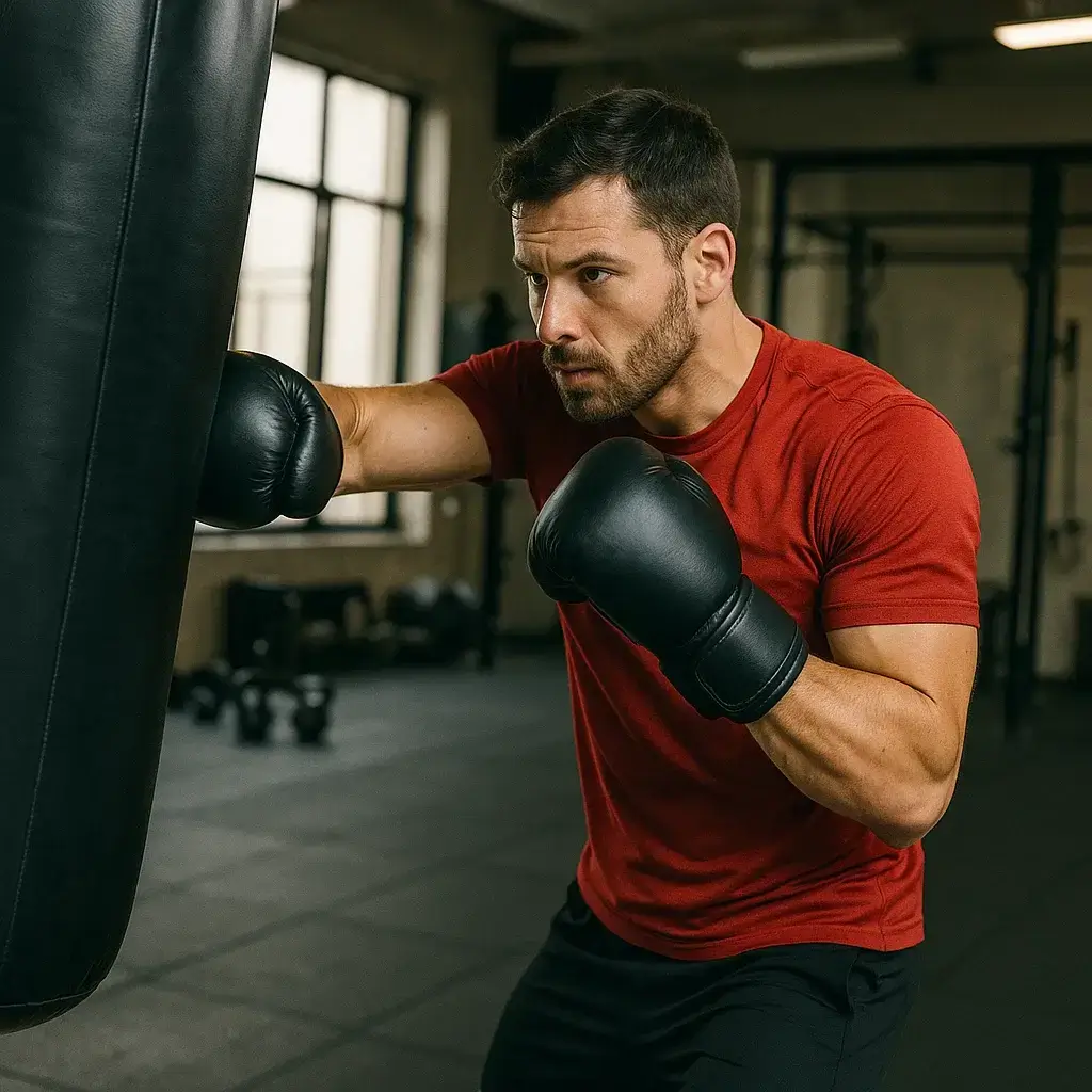 Homme concentré effectuant un enchaînement de coups lors d'un entraînement Cardio Boxe en salle de sport.