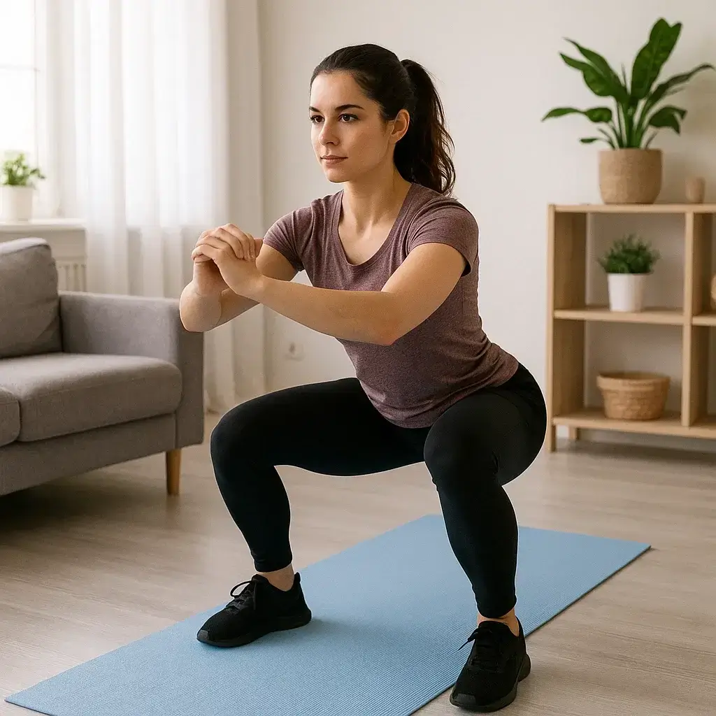 Femme en tenue de sport qui réalise un exercice cuisse sans matériel, dans un salon lumineux.