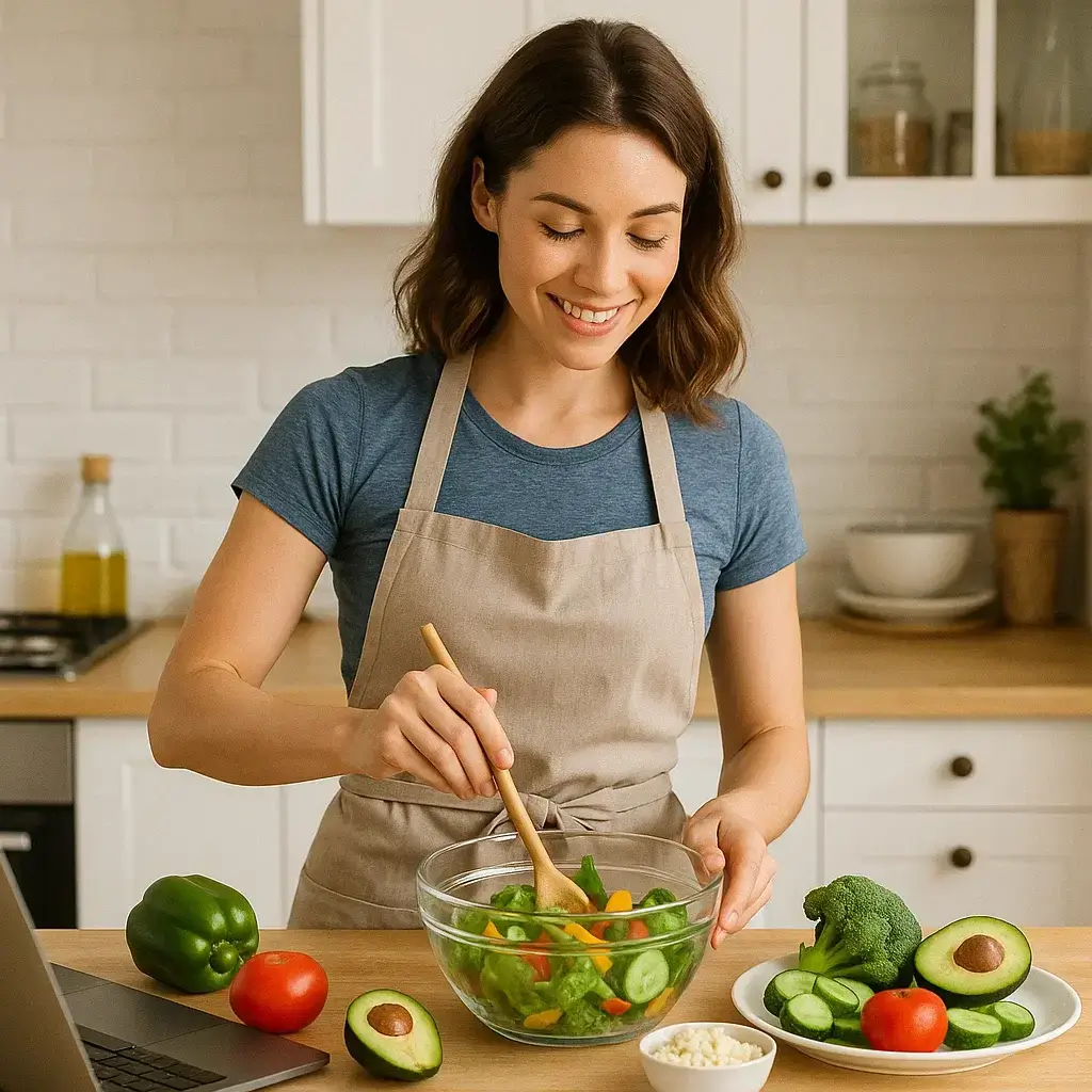 Femme souriante préparant une salade dans sa cuisine en suivant un programme minceur gratuit.