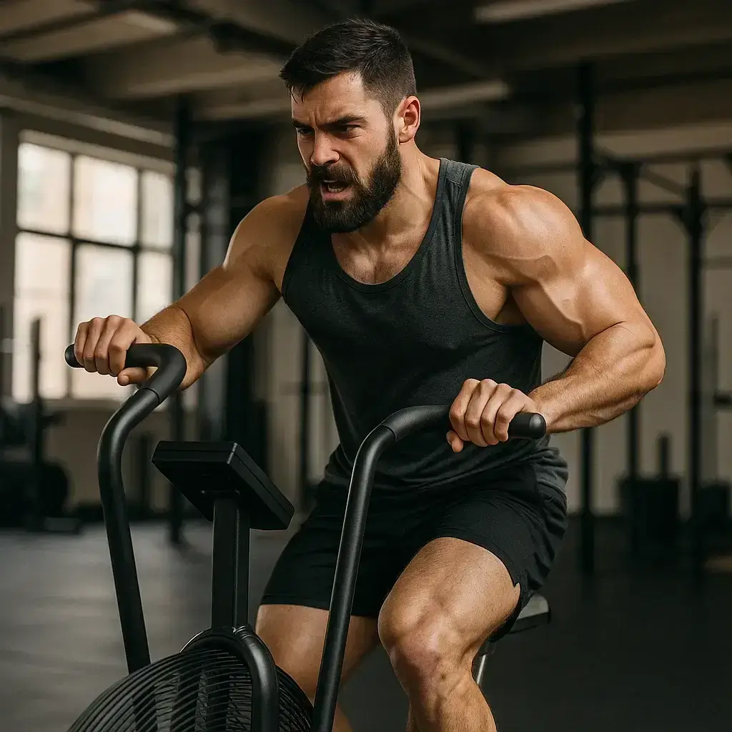 Homme musclé effectuant un entraînement intense combinant cardio et prise de masse en salle de sport.