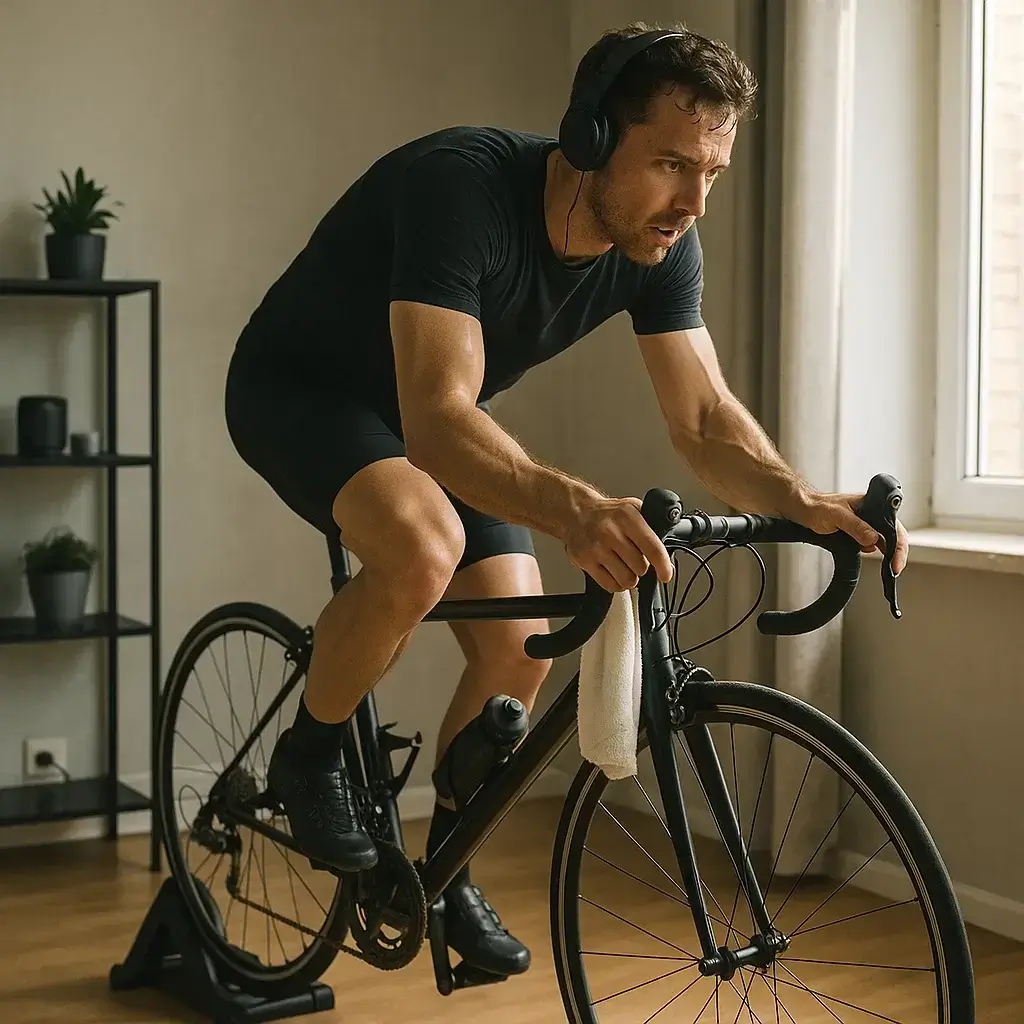 Homme en pleine séance de programme entrainement velo sur home trainer dans son salon.
