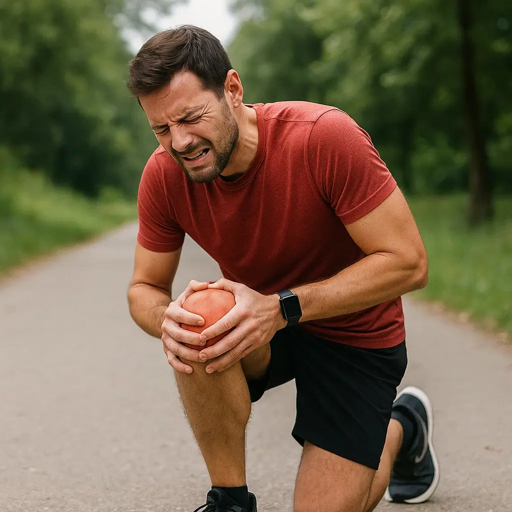 Homme en plein effort, souffrant de Douleur Genou Course à Pied sur sentier.