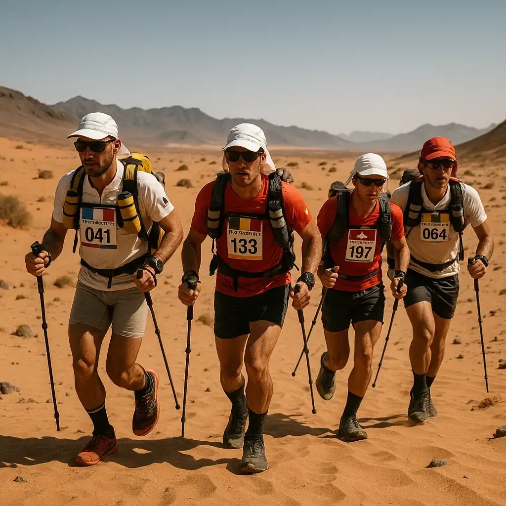 Groupe d’hommes en pleine course dans le désert pendant le Marathon des sables.