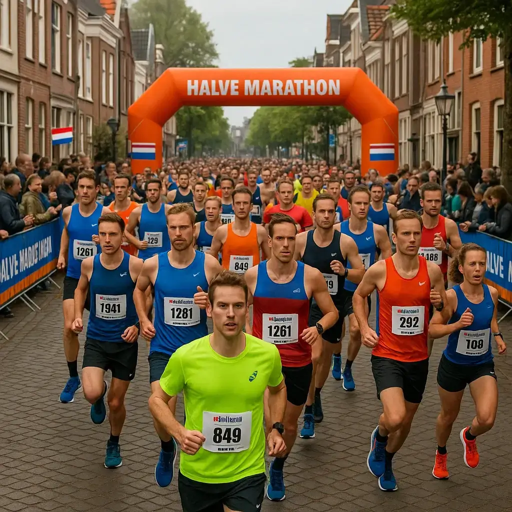 Groupe de coureurs traversant la ligne de départ du halve marathon sous un ciel dégagé.