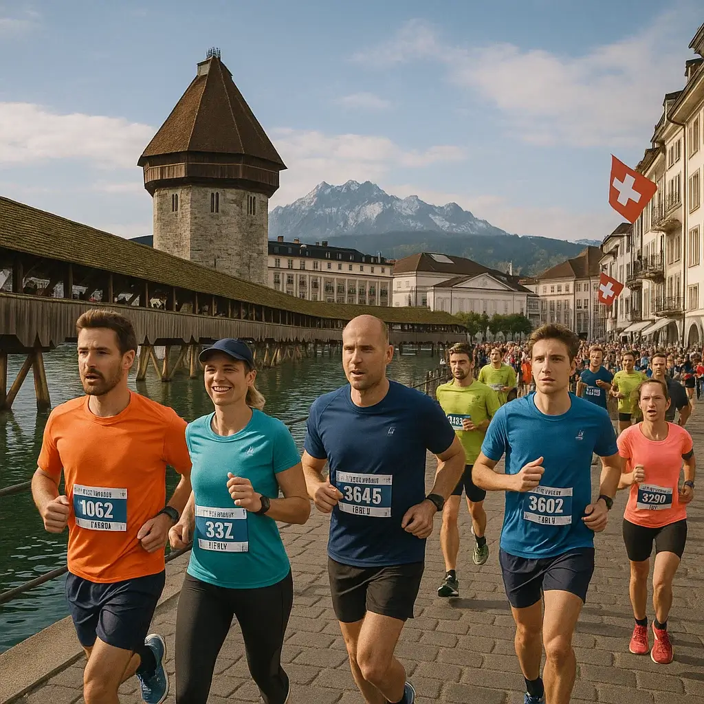 Groupe de coureurs en pleine action lors du Luzern Marathon au bord du lac des Quatre-Cantons.