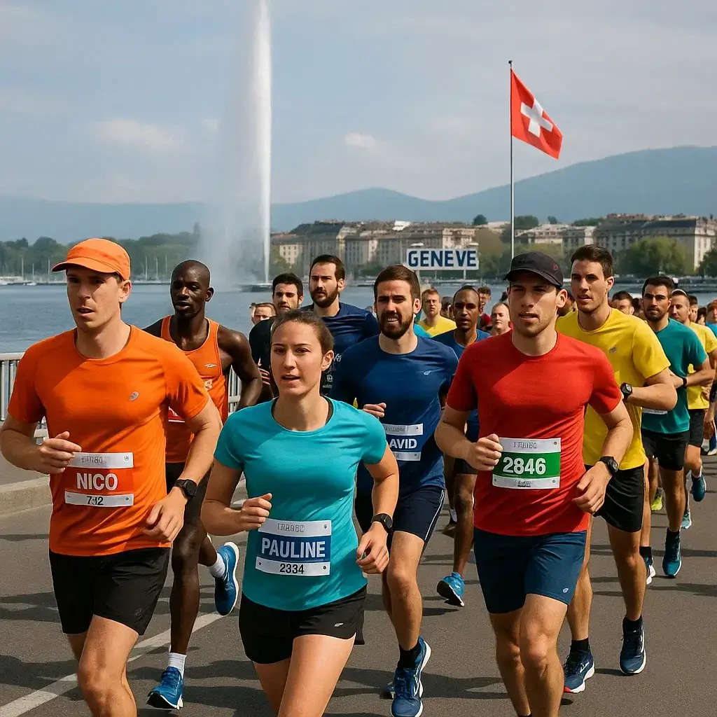 Groupe de coureurs franchissant la ligne d’arrivée du Marathon de Genève sous les applaudissements.