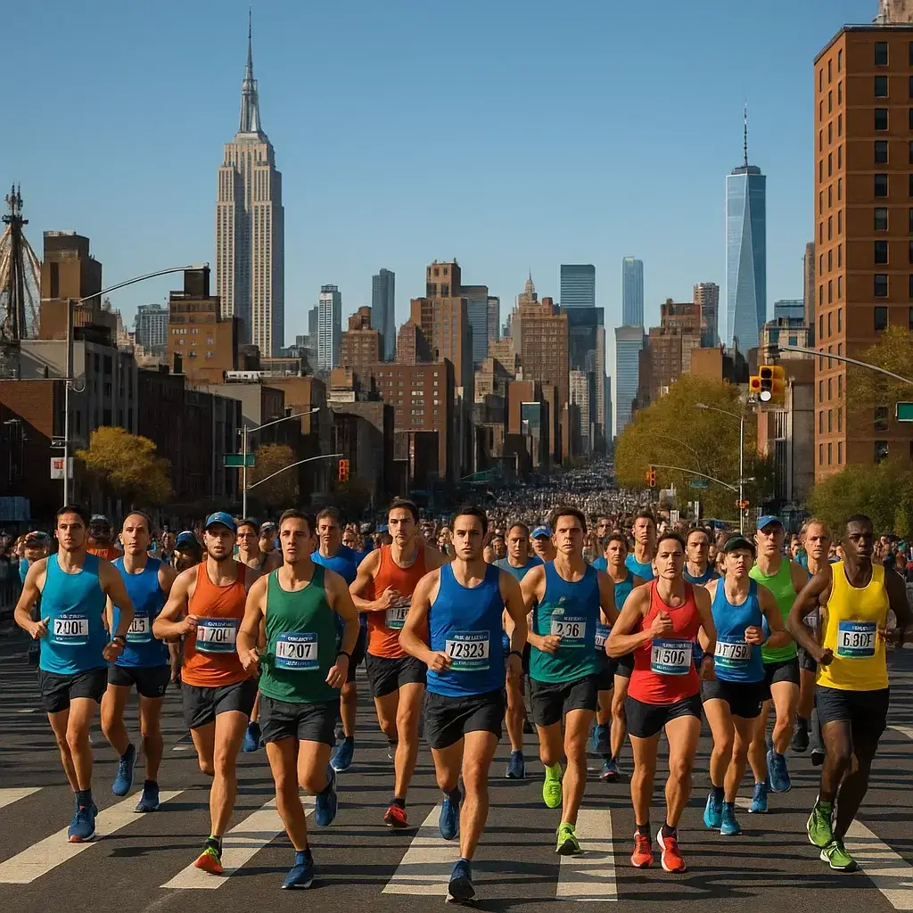 Groupe de coureurs franchissant la ligne d’arrivée du Marathon New York 2025 avec émotion.