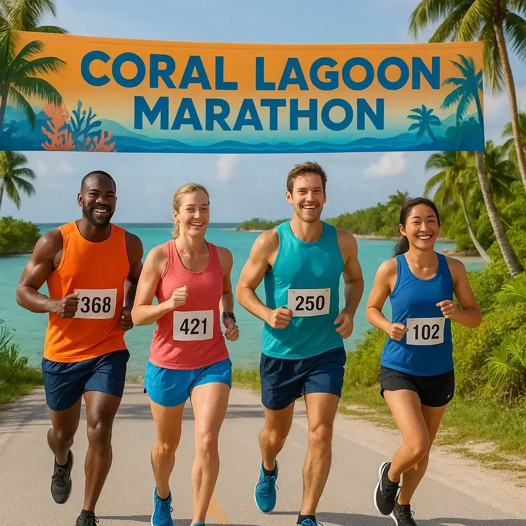 Groupe de coureurs franchissant la ligne d’arrivée du Coral Lagoon Marathon sous un ciel ensoleillé.