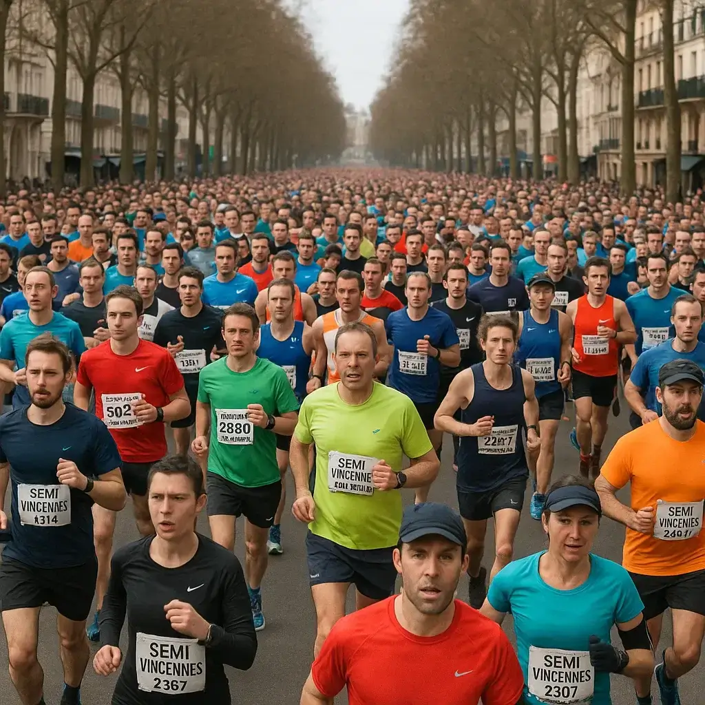 Groupe de coureurs franchissant la ligne de départ du semi marathon Vincennes dans une ambiance festive.