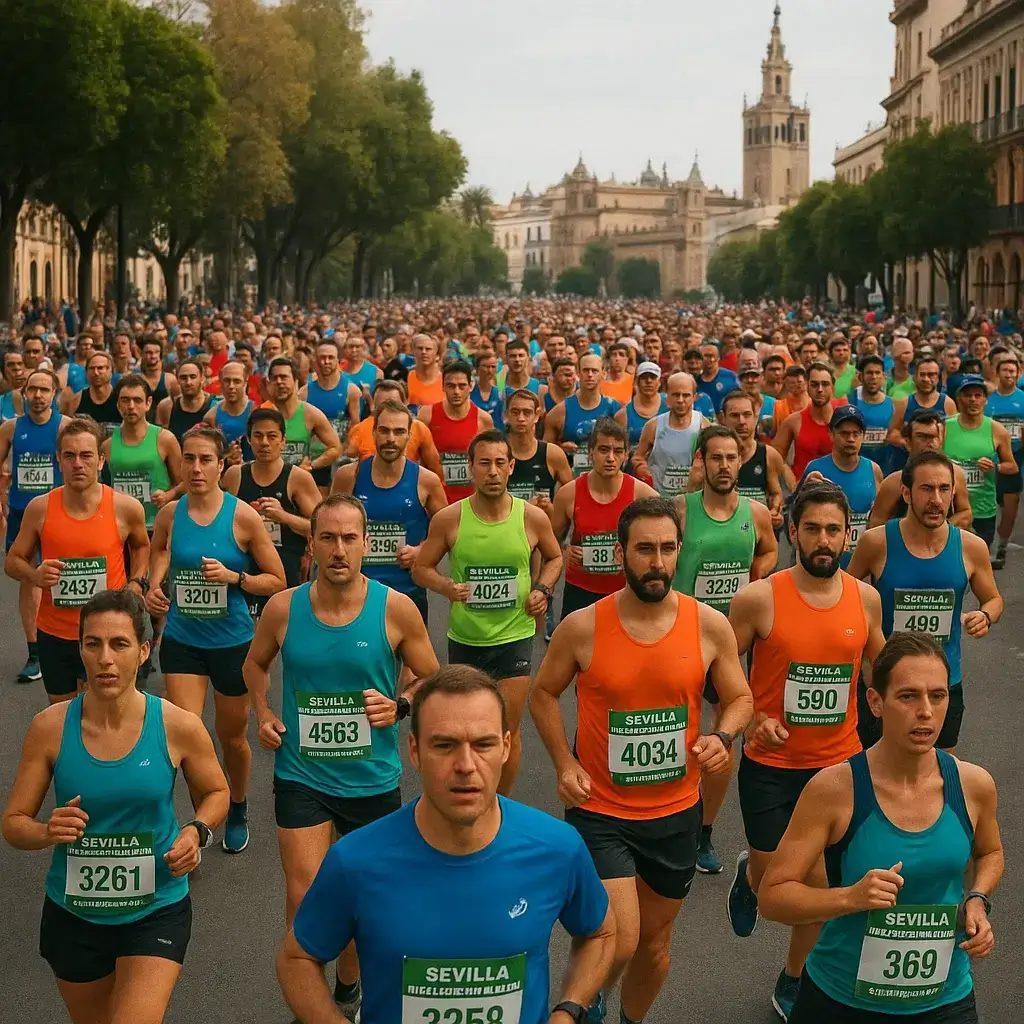 Groupe de coureurs franchissant la ligne de départ du Semi-Marathon de Séville sous un ciel bleu andalou.