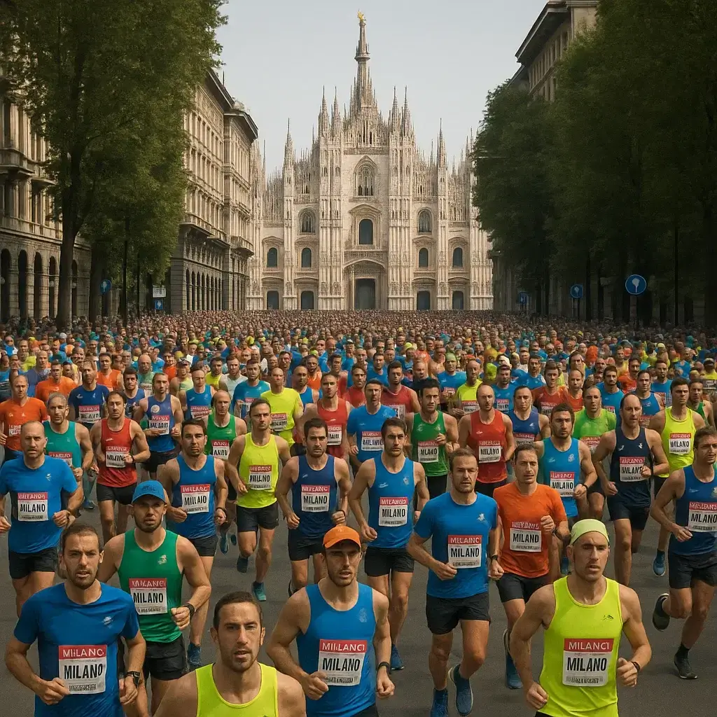 Groupe de coureurs franchissant la ligne d’arrivée du Marathon de Milan 2025 sous un ciel ensoleillé