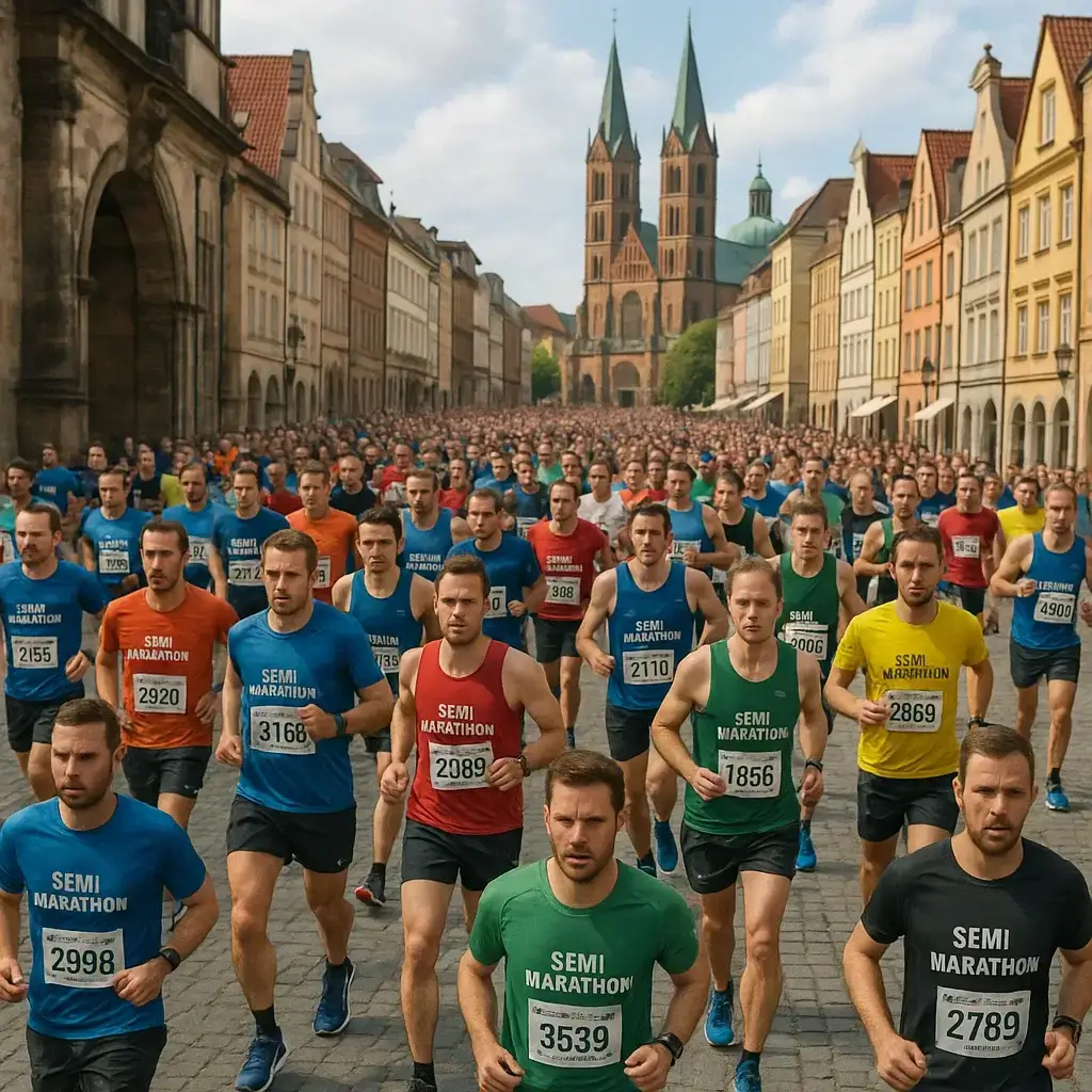 Groupe de coureurs franchissant la ligne de départ du Semi Marathon Europe sous un ciel ensoleillé.