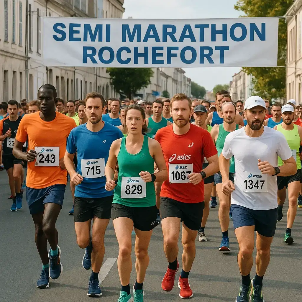 Groupe de coureurs franchissant la ligne de départ du Semi Marathon Rochefort 2025.