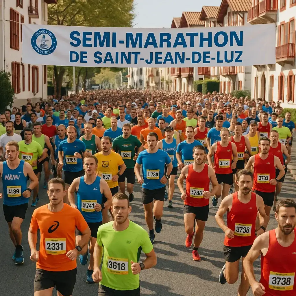 Groupe de coureurs franchissant la ligne de départ du semi-marathon de Saint-Jean-de-Luz.