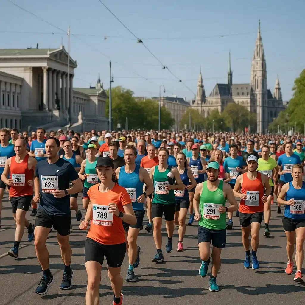 Groupe de coureurs franchissant la ligne de départ du Semi Marathon Vienne 2025 sous un ciel ensoleillé.