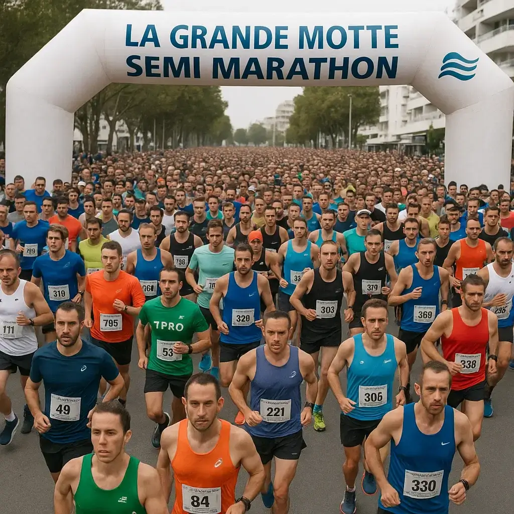Groupe de coureurs franchissant la ligne d’arrivée de La Grande Motte Semi Marathon sous un ciel ensoleillé.