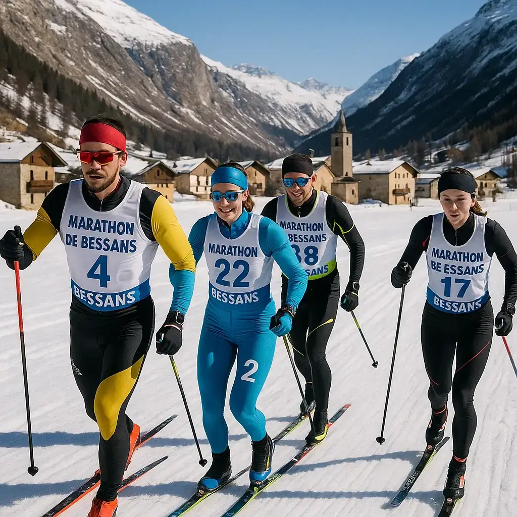 Groupe de coureurs traversant les paysages enneigés du Marathon de Bessans 2025.