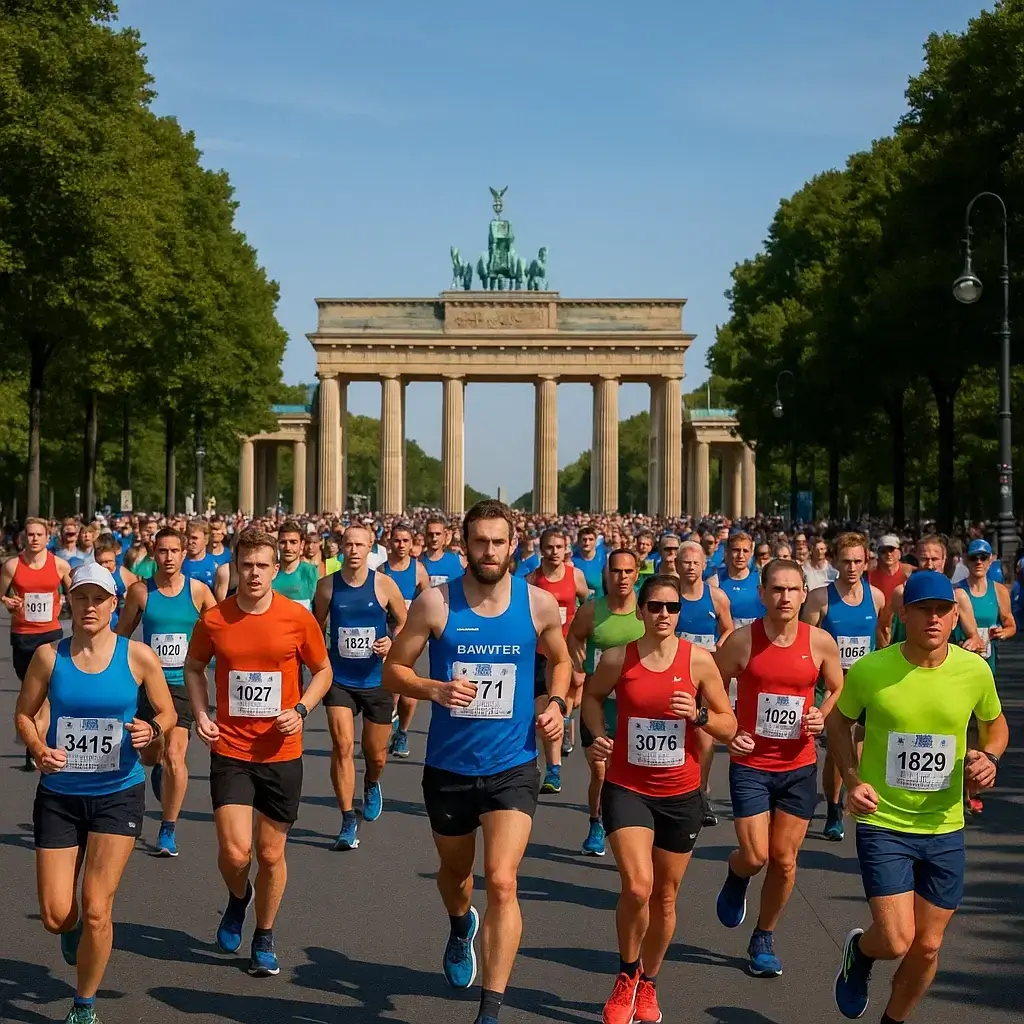 Groupe de coureurs en action pendant le Marathon de Berlin, traversant les rues animées de la capitale allemande.