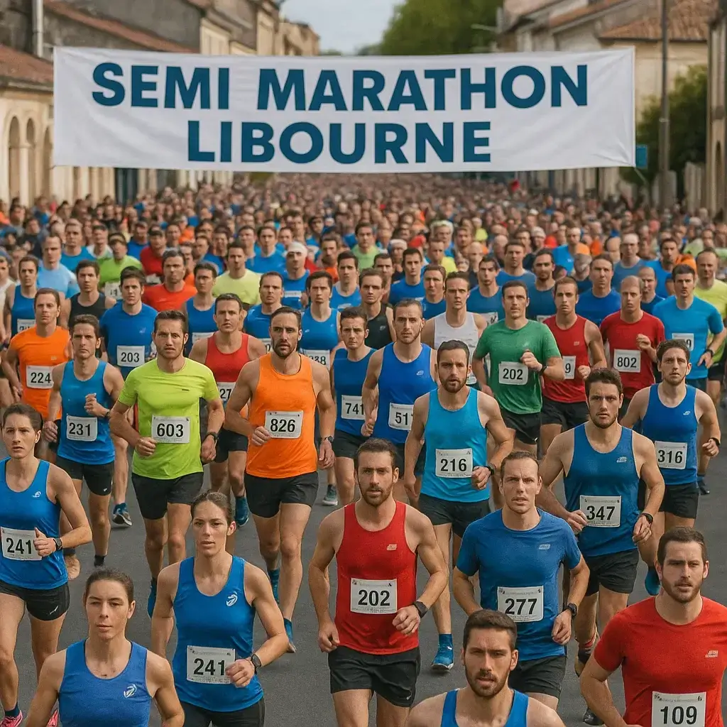 Groupe de coureurs franchissant la ligne de départ du semi marathon Libourne.