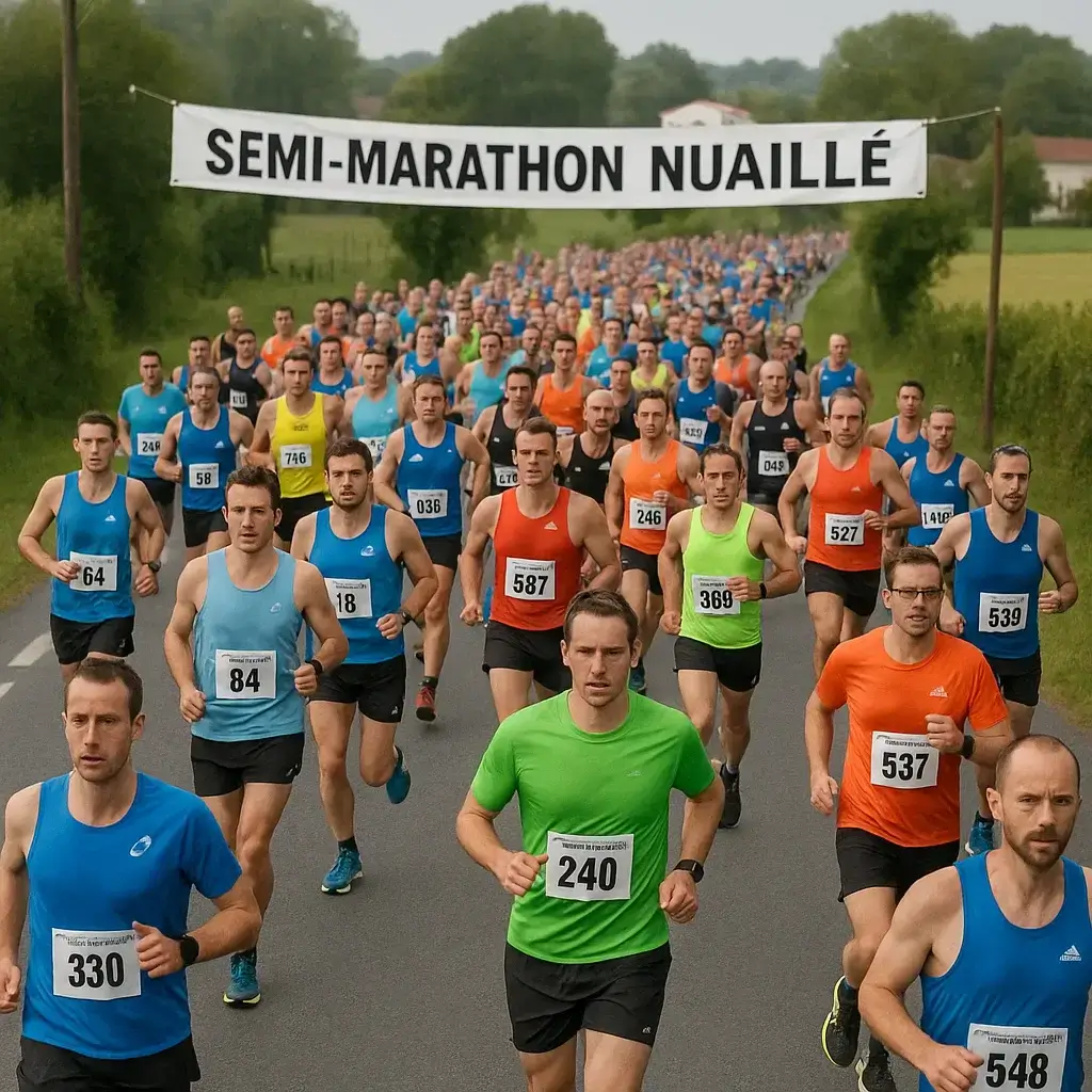 Groupe de coureurs franchissant la ligne de départ du Semi-Marathon Nuaillé 2025 sous un ciel ensoleillé.