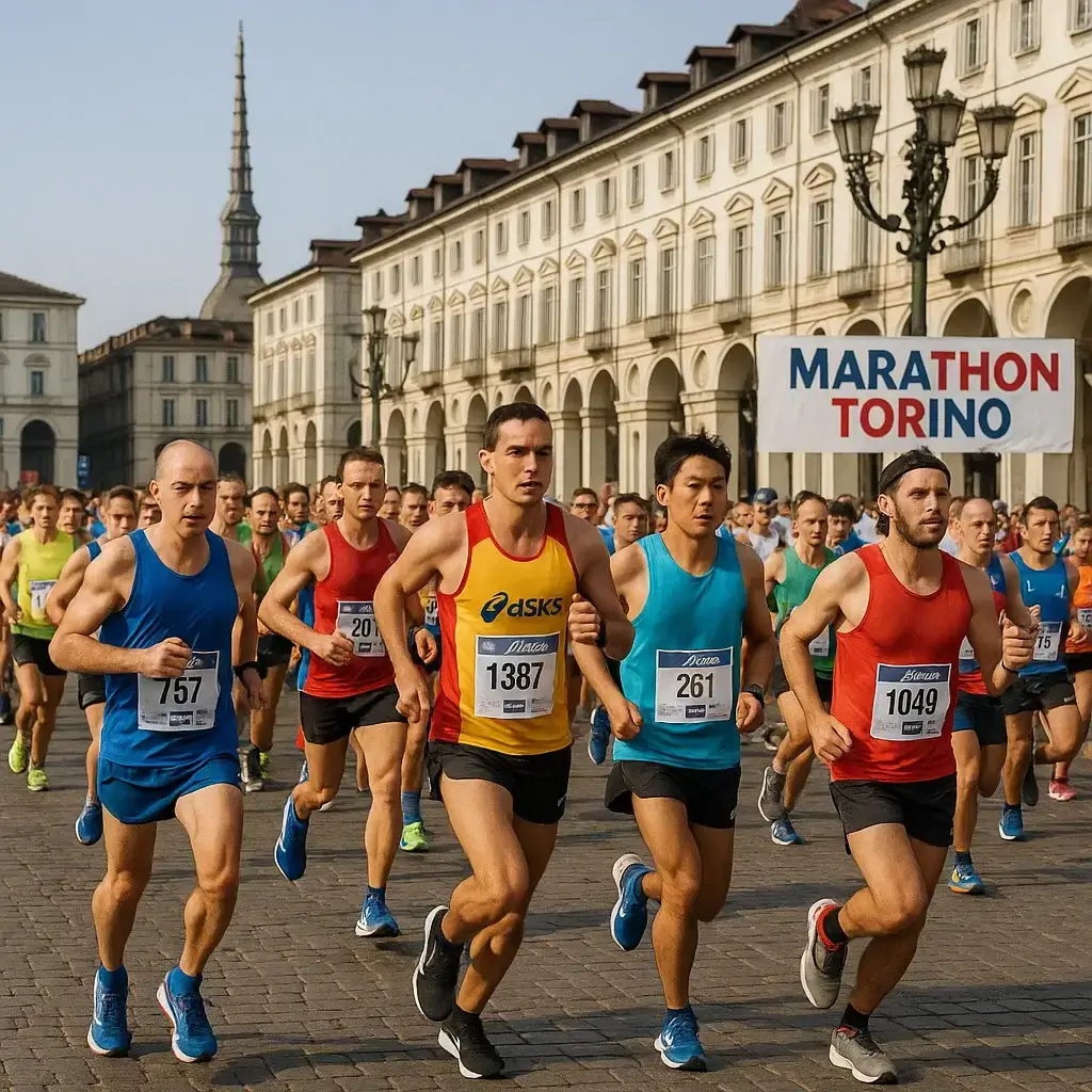 Ambiance festive autour d’un peloton lors du Marathon Turin