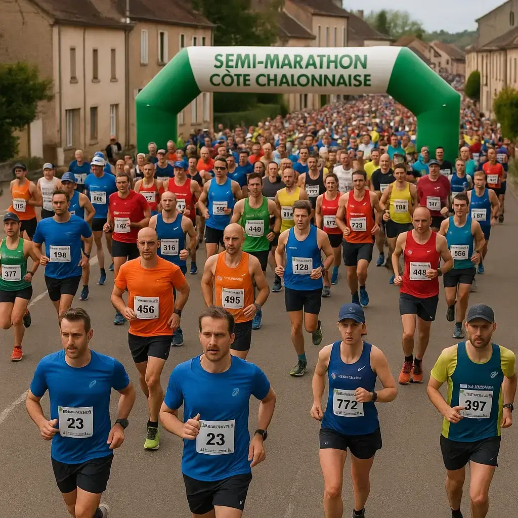 Groupe de coureurs franchissant la ligne de départ du Semi-Marathon Côte Chalonnaise 2025 sous un ciel ensoleillé.