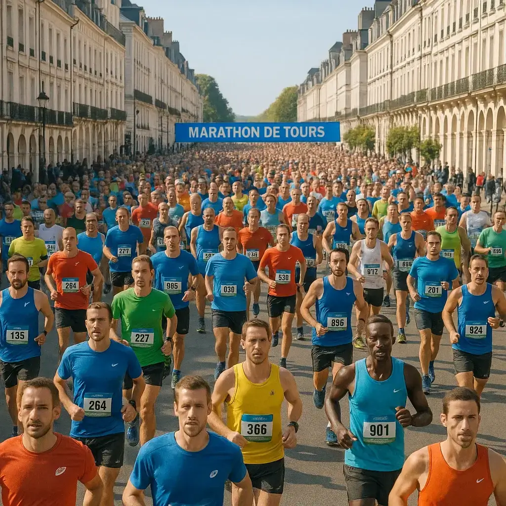 Groupe de coureurs franchissant la ligne de départ du marathon de Tours 2025.