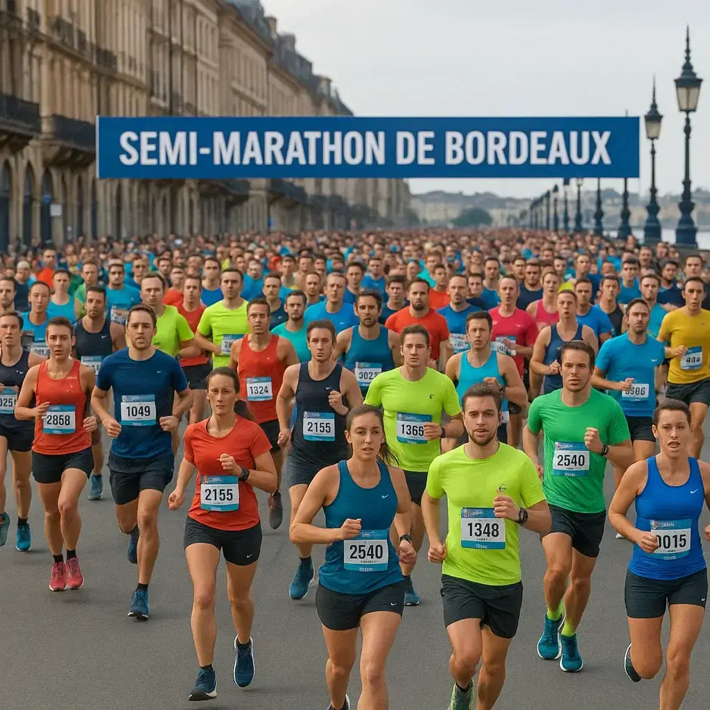 Groupe de coureurs franchissant la ligne d’arrivée du Semi-Marathon de Bordeaux 2025 sous les applaudissements.