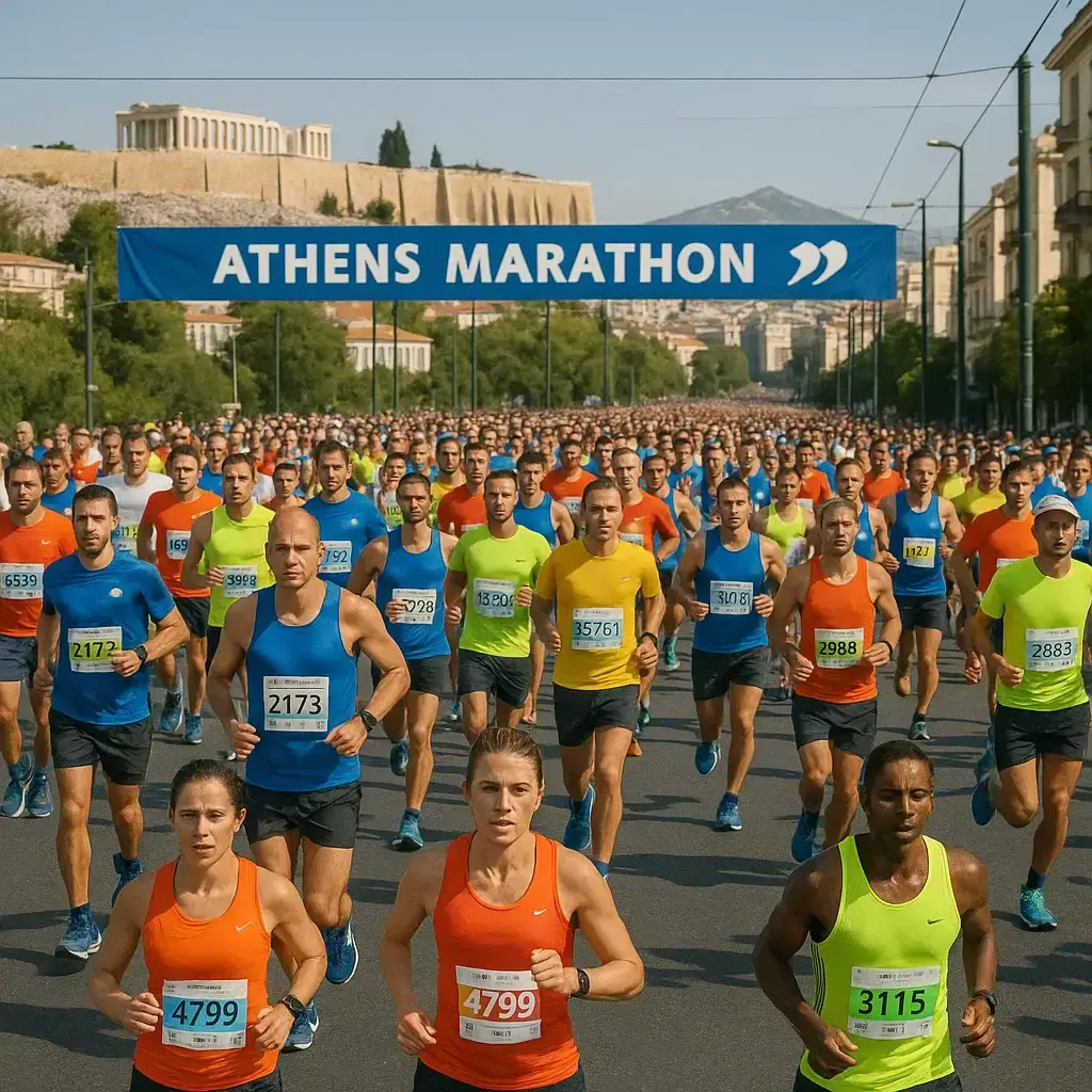 Groupe de coureurs franchissant la ligne de départ du Marathon Athènes au lever du soleil.