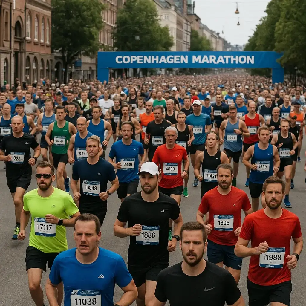 Groupe de coureurs franchissant la ligne d’arrivée du Marathon de Copenhague sous les applaudissements.