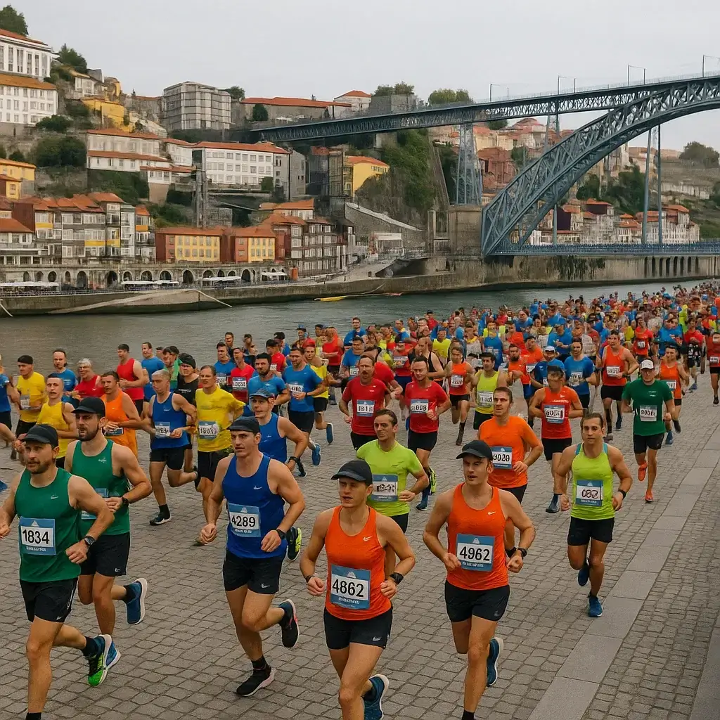 Groupe de coureurs enthousiastes franchissant la ligne de départ du Marathon de Porto 2025.