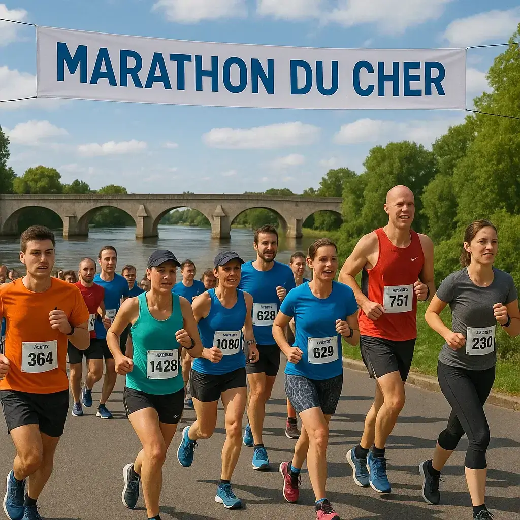 Groupe de coureurs en pleine action lors du Marathon du Cher 2025, longeant les rives verdoyantes.
