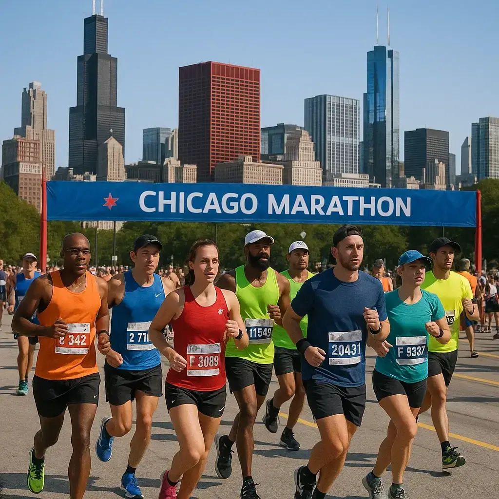 Groupe de coureurs franchissant la ligne de départ du Marathon Chicago 2025 sous un ciel dégagé.