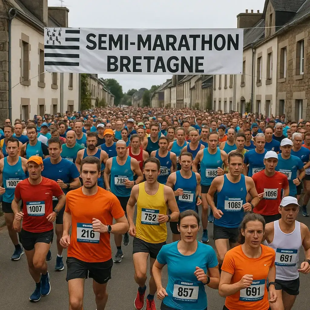 Groupe de coureurs franchissant la ligne d’arrivée du Semi-Marathon Bretagne sous les applaudissements.