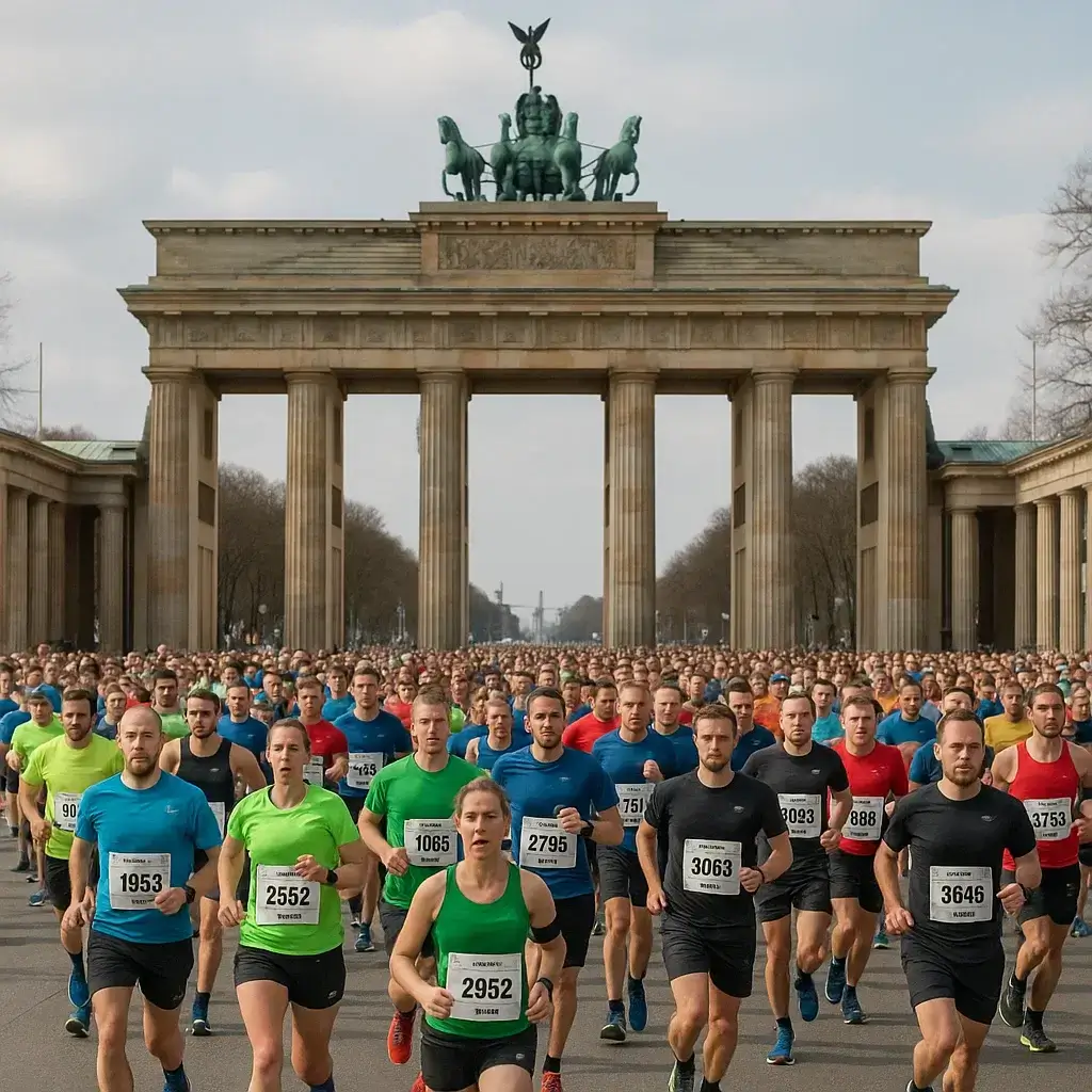 Groupe de coureurs franchissant la ligne de départ du Semi-Marathon de Berlin sous un ciel ensoleillé.