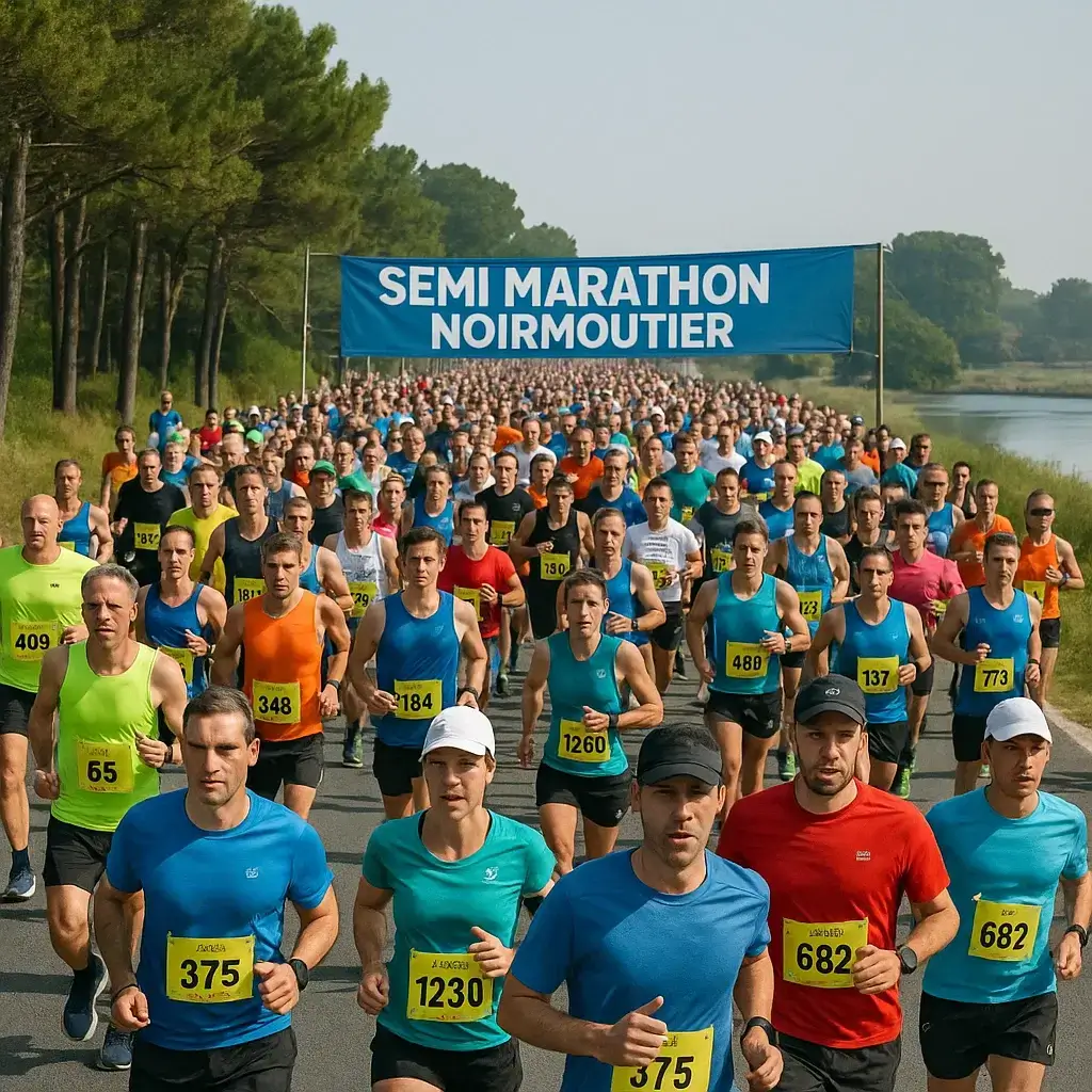 Groupe de coureurs franchissant la ligne d’arrivée du semi marathon Noirmoutier sous un ciel ensoleillé.
