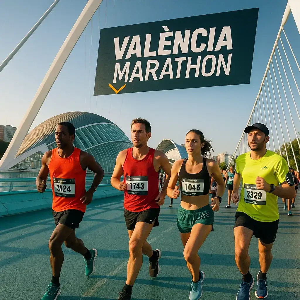Groupe de coureurs franchissant la ligne d’arrivée du Marathon de Valence avec enthousiasme