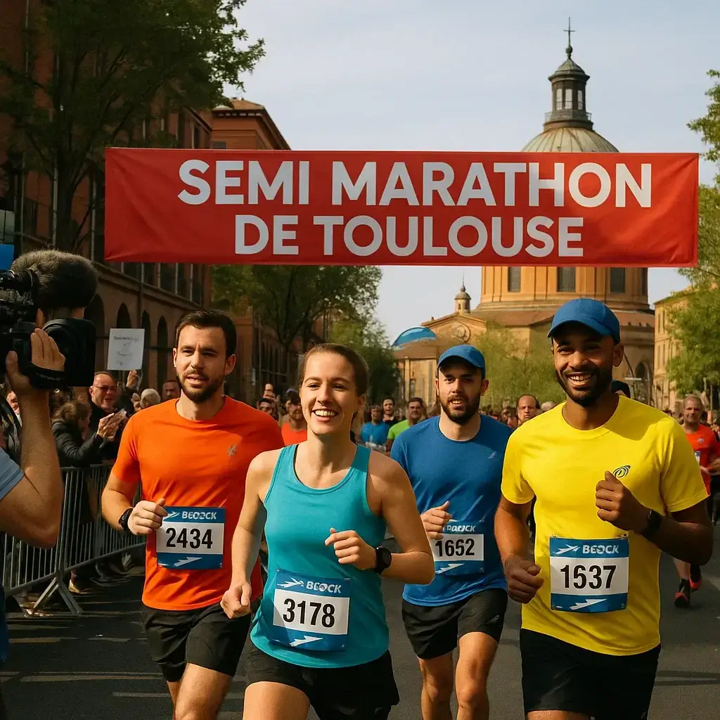 Groupe de coureurs franchissant la ligne de départ du Semi Marathon de Toulouse sous un ciel ensoleillé.