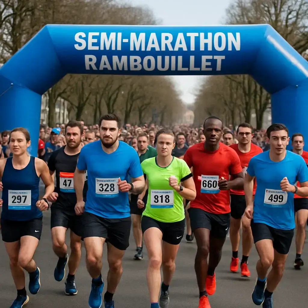Groupe de coureurs franchissant la ligne de départ du semi-marathon Rambouillet 2025 sous une météo ensoleillée.