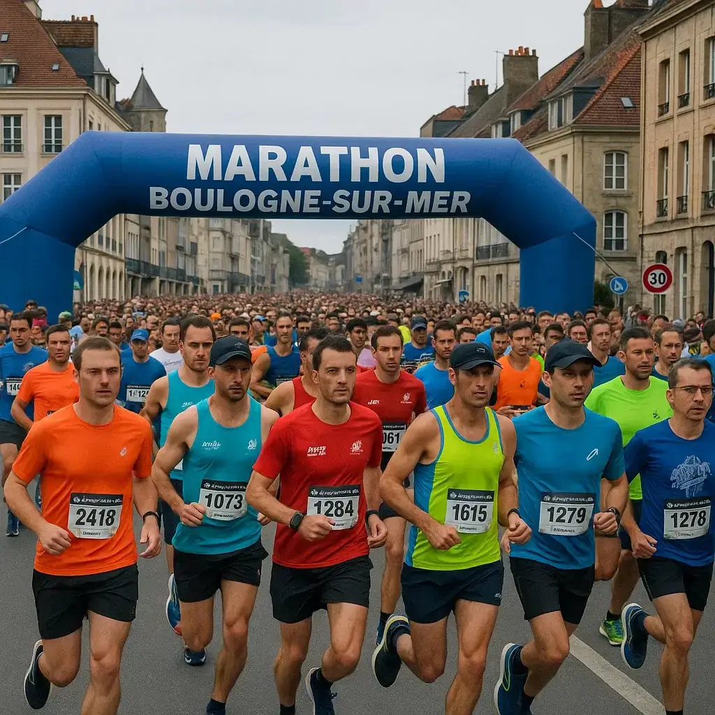 Groupe de coureurs franchissant la ligne de départ du Marathon Boulogne-sur-Mer sous un ciel dégagé.