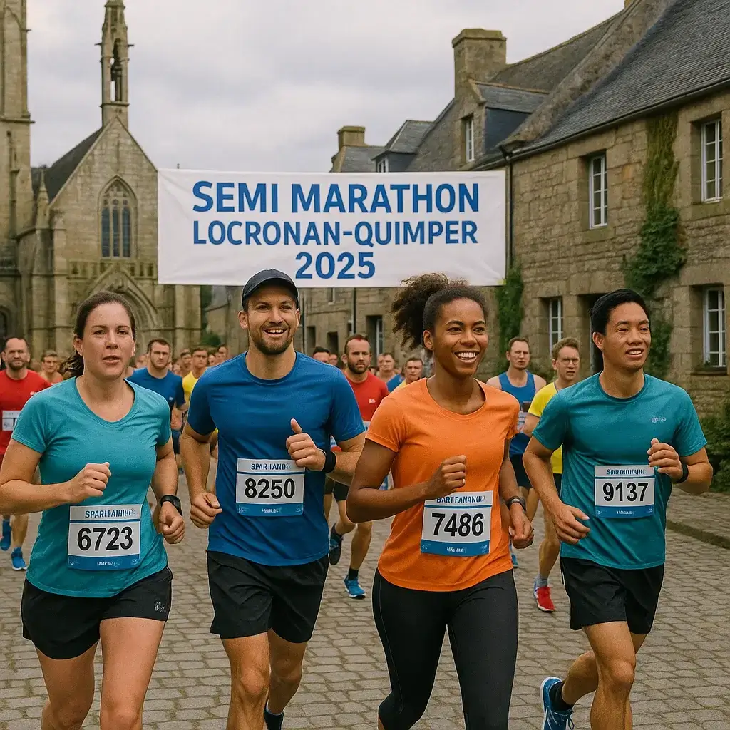 Groupe de coureurs franchissant la ligne de départ du Semi Marathon Locronan-Quimper 2025 sous un ciel breton couvert.