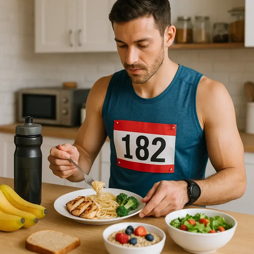 Un coureur prépare son repas riche en glucides complexes pour une alimentation semi marathon optimale.